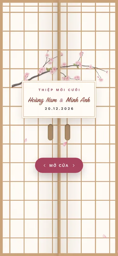 Bìa mẫu thiệp Anh Đào: cửa giấy shoji kéo mở