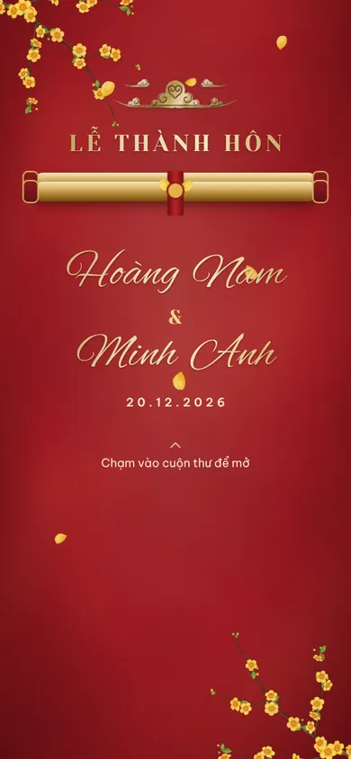 Bìa mẫu thiệp Mai Vàng: cuộn thư mở dần