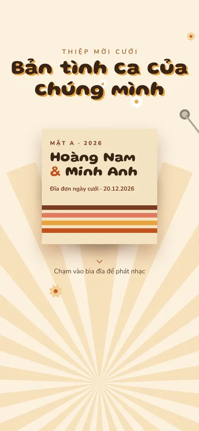 Bìa mẫu thiệp Retro 70s: đĩa than trượt ra và quay